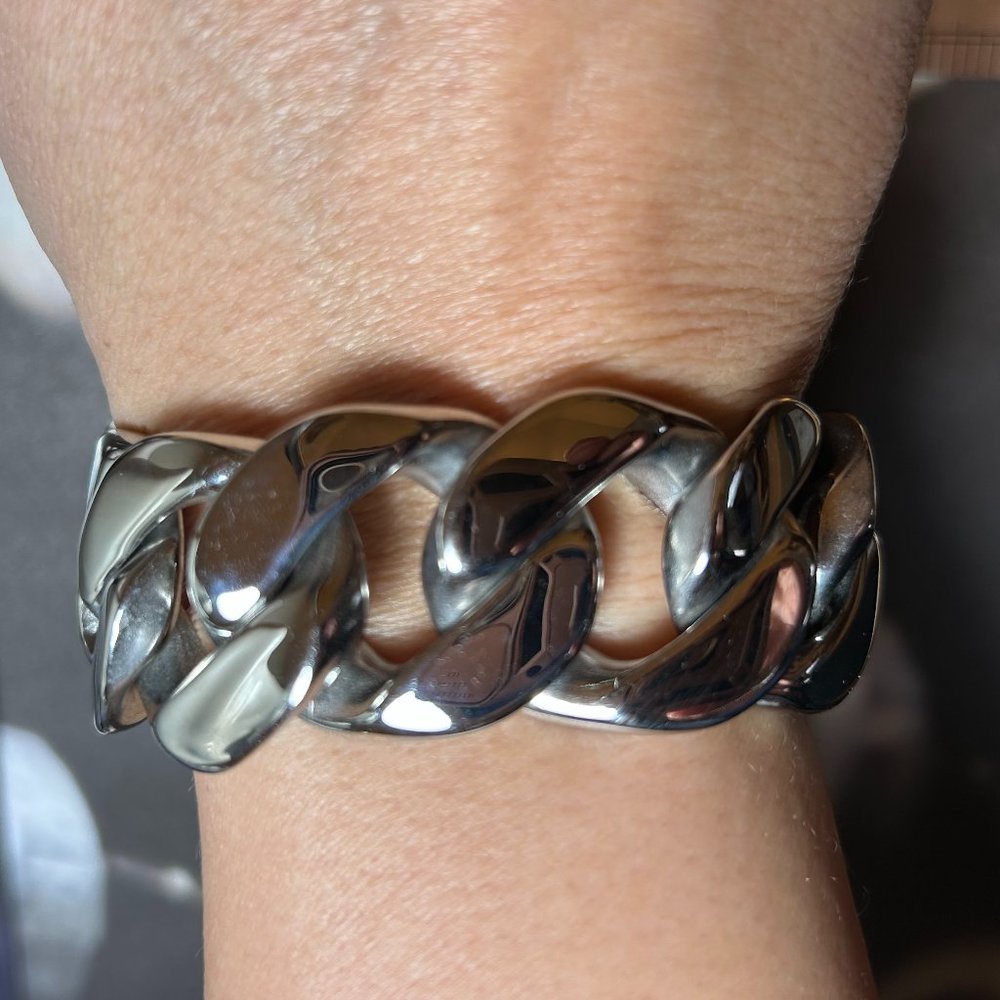 Wide Heavy Silver Stainless Steel Statement Curb Link Chain Bracelet